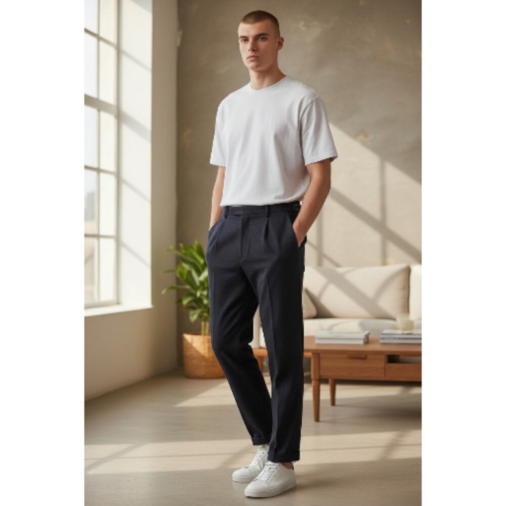 Reiss BRIDGE navy blue cuffed pleated casual trousers sz 30 waist MP7